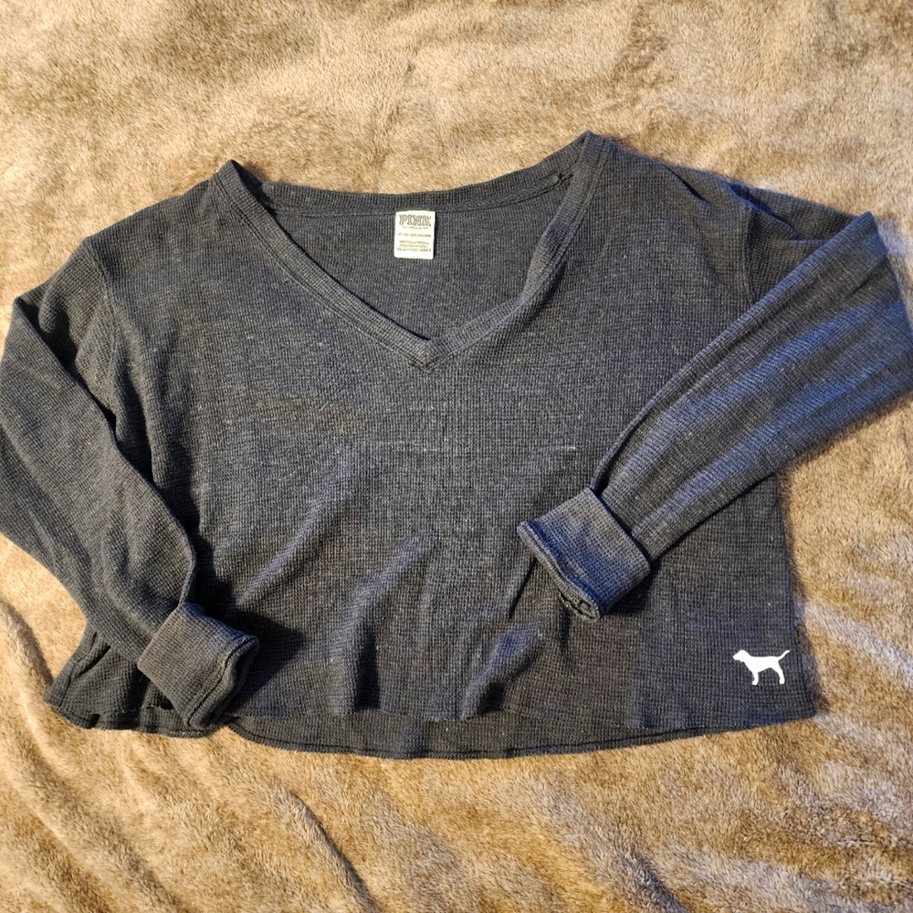 VS PINK Waffle Knit - Grey - Off Shoulder Cropped Sweater - XS